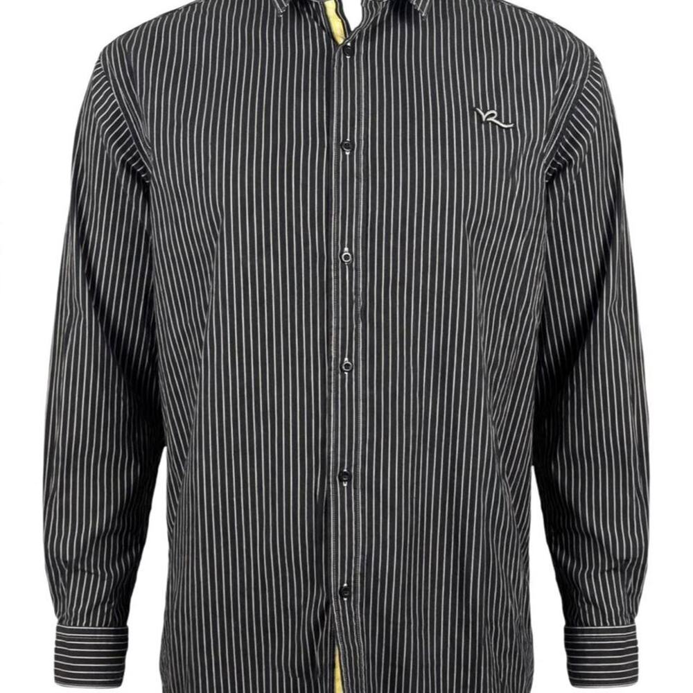 VTG Y2K Rocawear Shirt Mens Black White Pinstripe Button Down ROC Star
